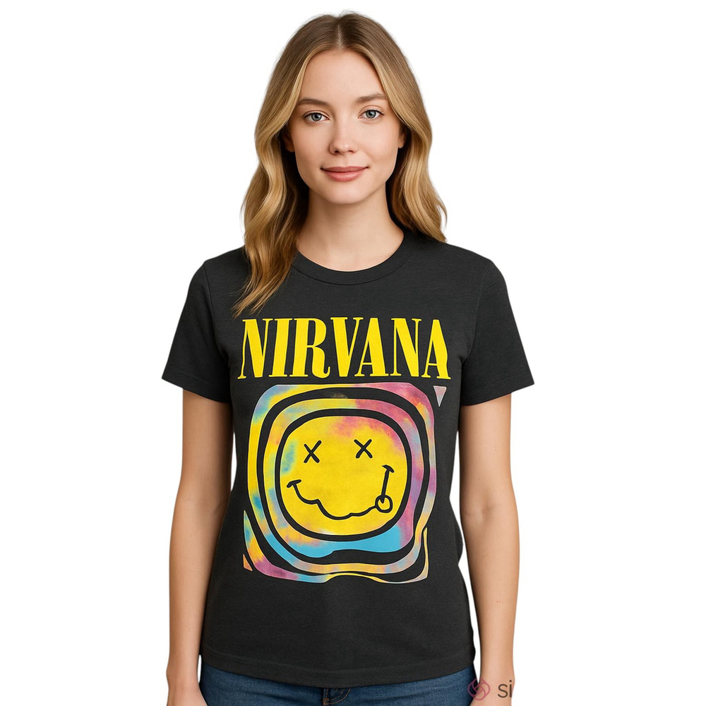 Nirvana Smiley Face Graphic T-Shirt Womens S Dark Gray Logo Band Casual Concert